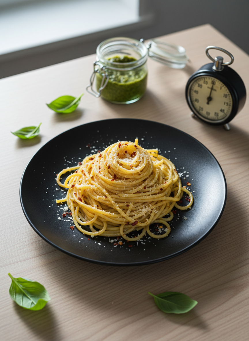 A vibrant overhead shot of a simple yet gourmet pasta dish plated on a matte black ceramic plate, with perfectly al dente spaghetti twirled into a neat nest, glossy from olive oil and speckled with chili flakes and finely grated parmesan. The plate rests on a light wooden kitchen table scattered with a few fresh basil leaves, a small open jar of pesto, and a timer paused at 10 minutes. Soft natural daylight from the side window casts gentle, realistic shadows, emphasizing textures. The mood is playful and energetic, suggesting speed and creativity. Photographic realism with a shallow depth of field keeps the pasta in sharp focus while the background fades into a soft, modern bokeh.