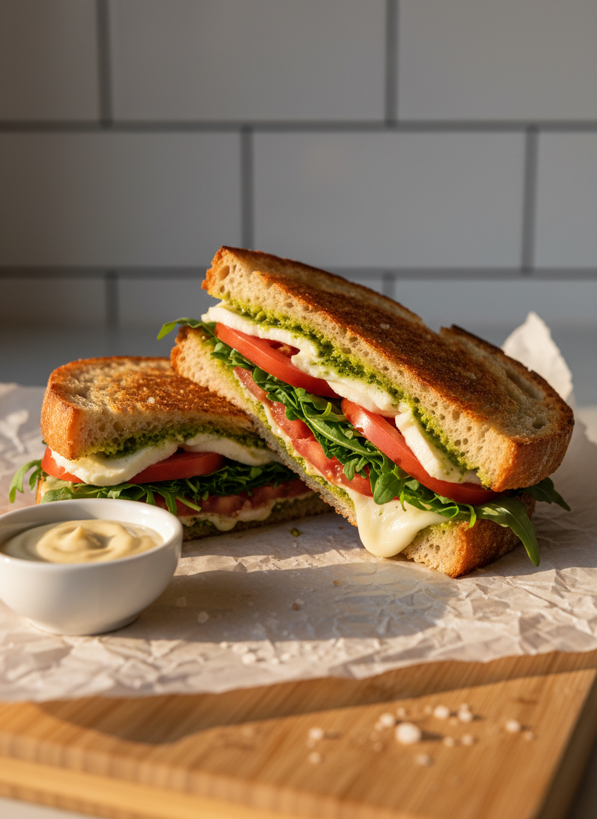 A close-up, eye-level view of a toasted gourmet sandwich sliced diagonally, its crunchy golden bread revealing layers of melted cheese, ripe tomato, fresh arugula, and a thin drizzle of vibrant green pesto. The sandwich rests on a sheet of crinkled parchment paper atop a simple bamboo cutting board, with a tiny ramekin of aioli and a scattering of coarse sea salt nearby. Warm, late-afternoon natural light from the left creates soft highlights on the melted cheese and gentle shadows along the bread’s texture. The mood is indulgent yet casual, perfect for a young cook’s quick lunch. Photographic realism with a shallow depth of field keeps the sandwich as the star while the background kitchen tiles blur softly.