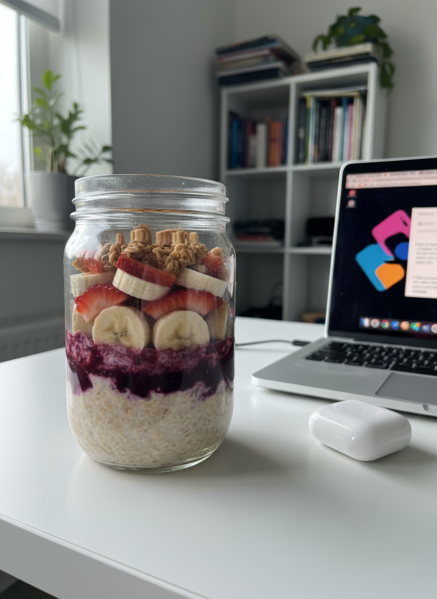A playful, colorful breakfast scene featuring a single bowl of overnight oats in a transparent glass jar, layered with creamy oats, a bright purple swirl of acai, and a topping of sliced strawberries, banana coins, and crunchy granola clusters. The jar sits on a white laminate desk next to an open slim laptop and a pair of wireless earbuds case, hinting at a busy student morning. Cool, diffused daylight from a nearby window reflects softly off the jar’s surface, creating realistic highlights. The mood is energetic and youthful, suggesting quick but healthy eating before a hectic day. Captured in photographic realism from a three-quarter angle, with a clean, modern composition and a lightly blurred background that keeps the focus on the colorful layers.