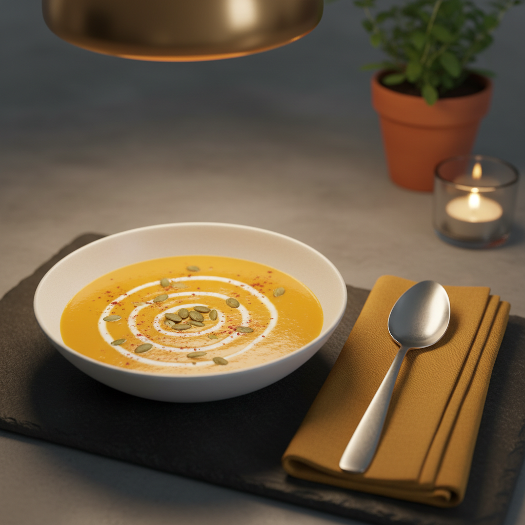 A minimalist dinner-for-one setup with a shallow matte white bowl filled with creamy pumpkin soup, its surface decorated with a playful spiral of coconut cream and a sprinkle of toasted pumpkin seeds and smoked paprika. The bowl stands on a dark slate placemat, beside a simple stainless-steel spoon and a folded mustard-yellow cotton napkin. A small potted herb and a lit tealight candle sit softly out of focus in the background. Warm pendant lighting from above casts a cozy, intimate glow, enhancing the soup’s rich orange color and creating delicate shadows around the bowl. The mood is comforting yet modern, conveying easy gourmet dining after a long day. Photographic realism, composed with the rule of thirds and a gentle depth of field.