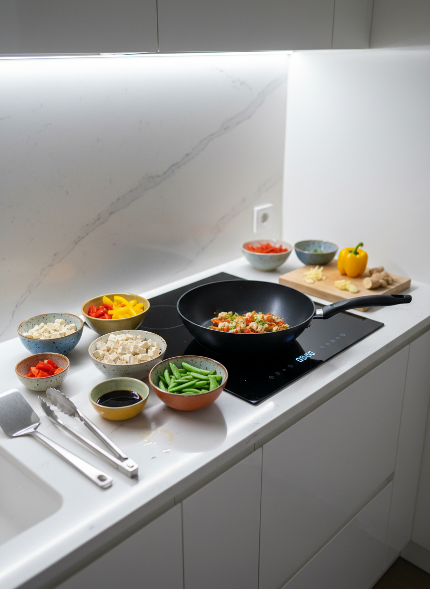 A compact, modern kitchen countertop with a colorful assortment of prepped ingredients for a quick stir-fry: julienned red and yellow peppers, bright green snap peas, tofu cubes, and a small bowl of glossy soy sauce, all neatly arranged in small mismatched ceramic bowls. At the center, a non-stick wok sits on an induction hob with its digital timer glowing 08:00. Cool-white under-cabinet LED lighting illuminates the scene, creating crisp reflections on the stainless-steel tools. The atmosphere is efficient yet playful, suggesting fast, easy cooking. Shot from a slightly elevated angle in photographic realism, with clear, sharp focus and a clean, contemporary composition that feels organized but not overly styled.